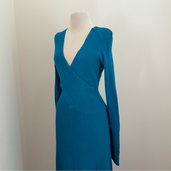 Tome Runway Teal Ribbed Merino Wool V Neck Long Sleeve Maxi Dress Size Medium - Picture 12 of 15